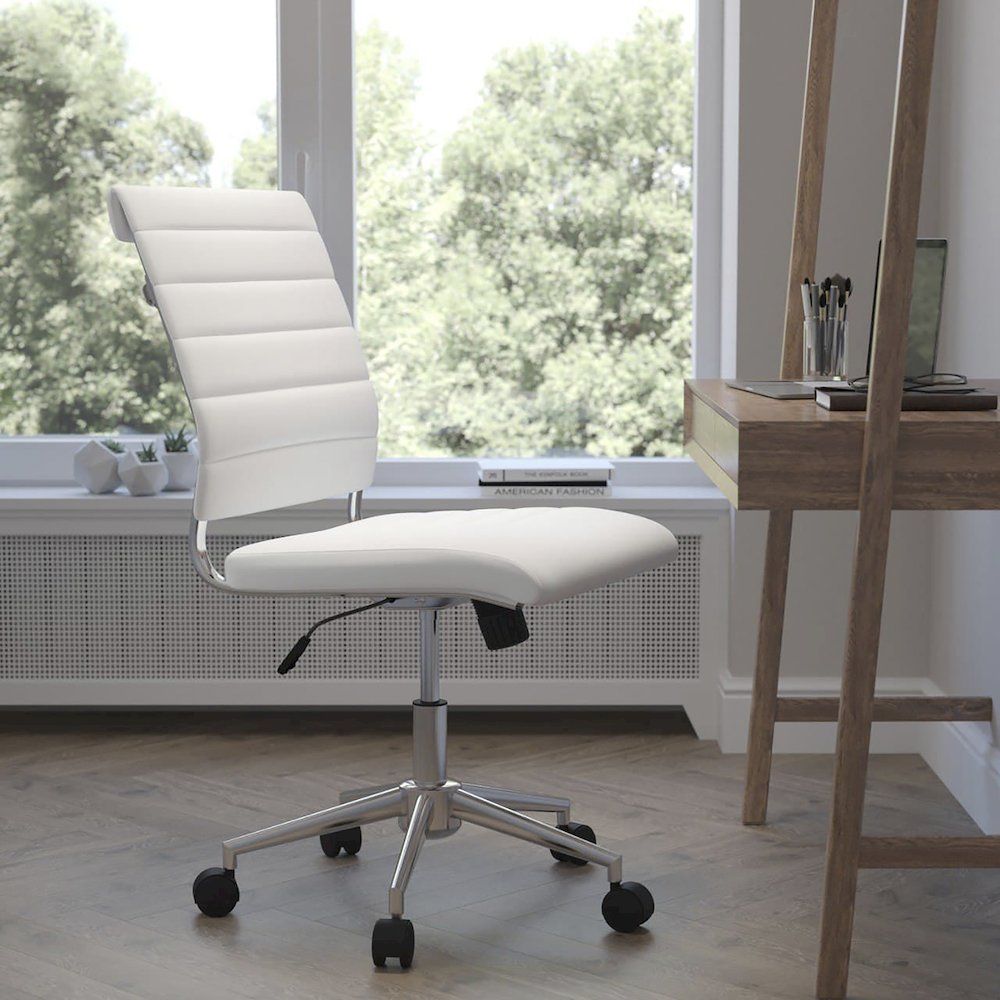 Mid-Back Armless White LeatherSoft Contemporary Ribbed Executive Swivel Office Chair