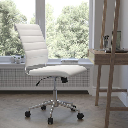 Mid-Back Armless White LeatherSoft Contemporary Ribbed Executive Swivel Office Chair
