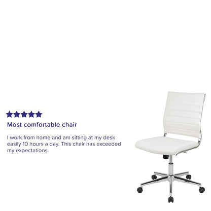 Mid-Back Armless White LeatherSoft Contemporary Ribbed Executive Swivel Office Chair