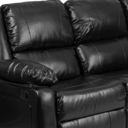 Black LeatherSoft Sofa with Two Built-In Recliners
