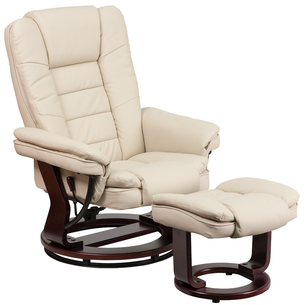 Recliner with Horizontal Stitching and Ottoman with Swivel Mahogany Wood Base