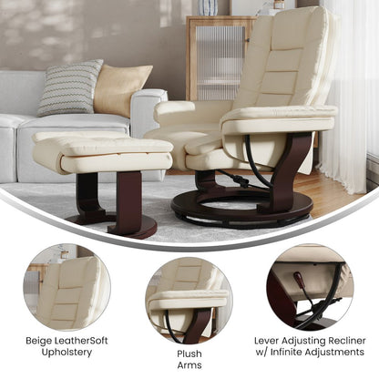 Recliner with Horizontal Stitching and Ottoman with Swivel Mahogany Wood Base