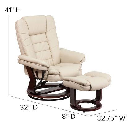 Recliner with Horizontal Stitching and Ottoman with Swivel Mahogany Wood Base