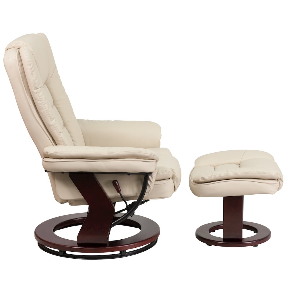 Recliner with Horizontal Stitching and Ottoman with Swivel Mahogany Wood Base