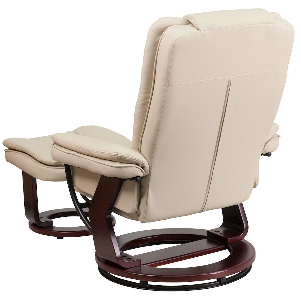 Recliner with Horizontal Stitching and Ottoman with Swivel Mahogany Wood Base