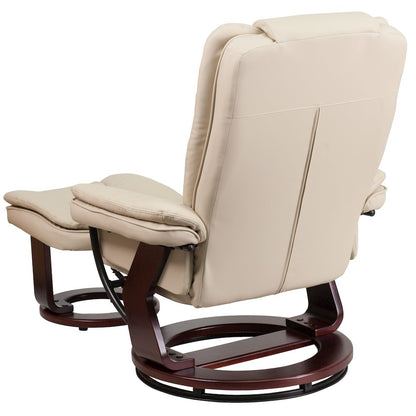 Recliner with Horizontal Stitching and Ottoman with Swivel Mahogany Wood Base