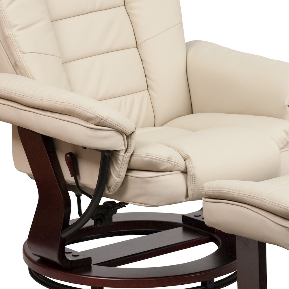 Recliner with Horizontal Stitching and Ottoman with Swivel Mahogany Wood Base
