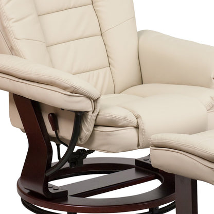 Recliner with Horizontal Stitching and Ottoman with Swivel Mahogany Wood Base