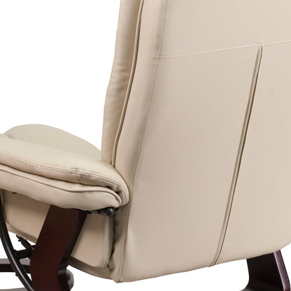 Recliner with Horizontal Stitching and Ottoman with Swivel Mahogany Wood Base