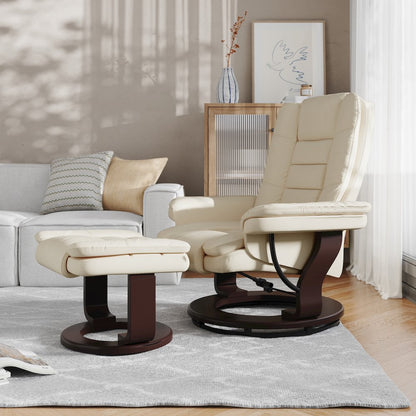 Recliner with Horizontal Stitching and Ottoman with Swivel Mahogany Wood Base