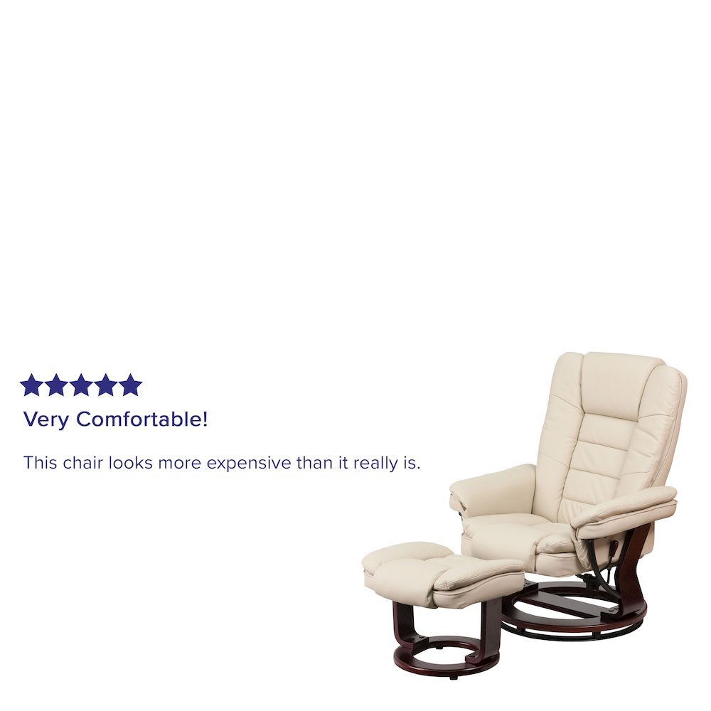 Recliner with Horizontal Stitching and Ottoman with Swivel Mahogany Wood Base