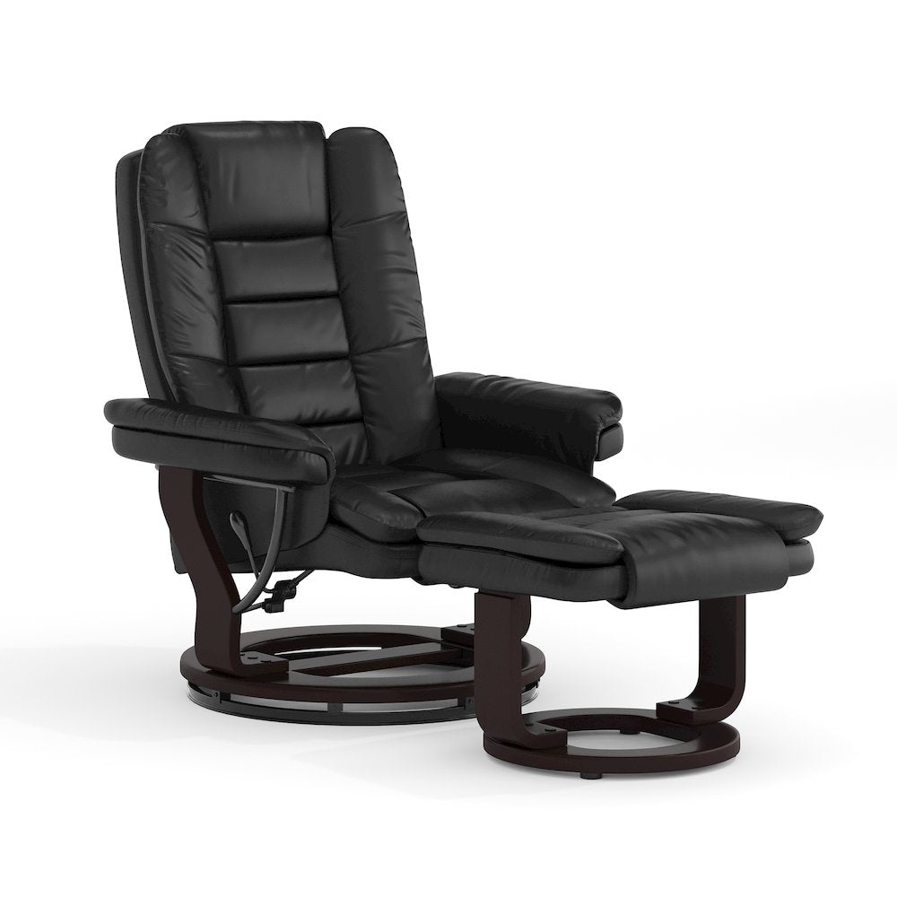 Contemporary Multi-Position Recliner with Horizontal Stitching and Ottoman with Swivel Mahogany Wood Base in Black LeatherSoft