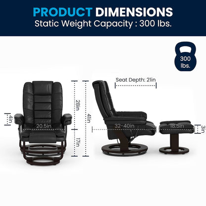 Contemporary Multi-Position Recliner with Horizontal Stitching and Ottoman with Swivel Mahogany Wood Base in Black LeatherSoft