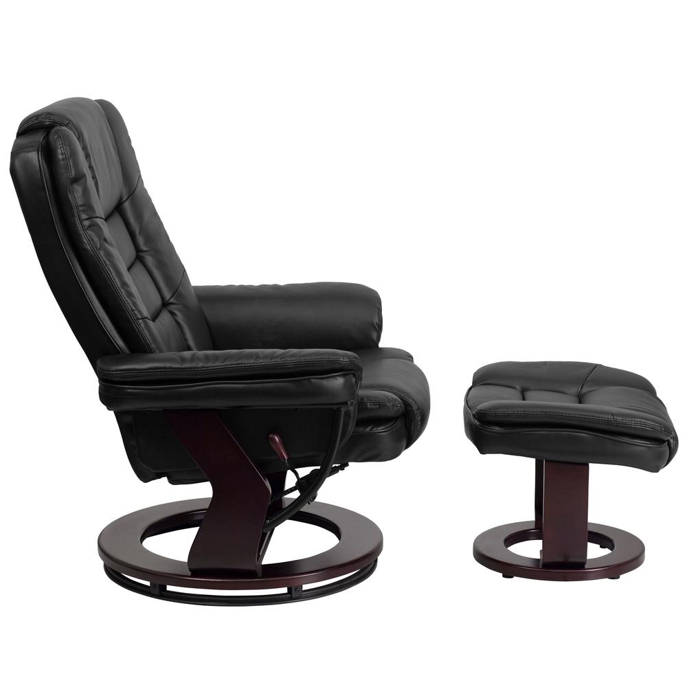 Contemporary Multi-Position Recliner with Horizontal Stitching and Ottoman with Swivel Mahogany Wood Base in Black LeatherSoft