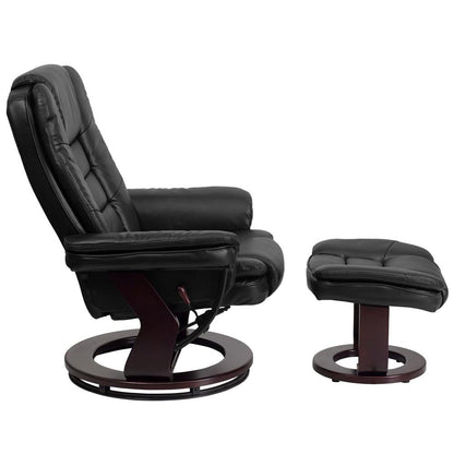Contemporary Multi-Position Recliner with Horizontal Stitching and Ottoman with Swivel Mahogany Wood Base in Black LeatherSoft