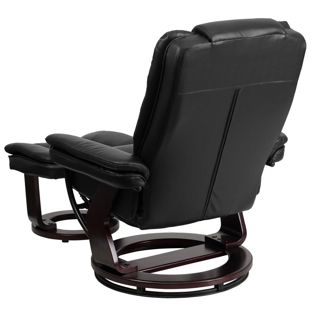 Contemporary Multi-Position Recliner with Horizontal Stitching and Ottoman with Swivel Mahogany Wood Base in Black LeatherSoft
