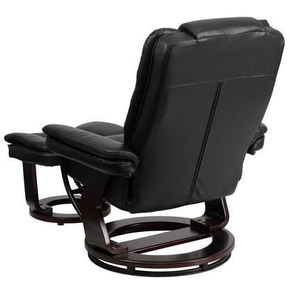 Contemporary Multi-Position Recliner with Horizontal Stitching and Ottoman with Swivel Mahogany Wood Base in Black LeatherSoft