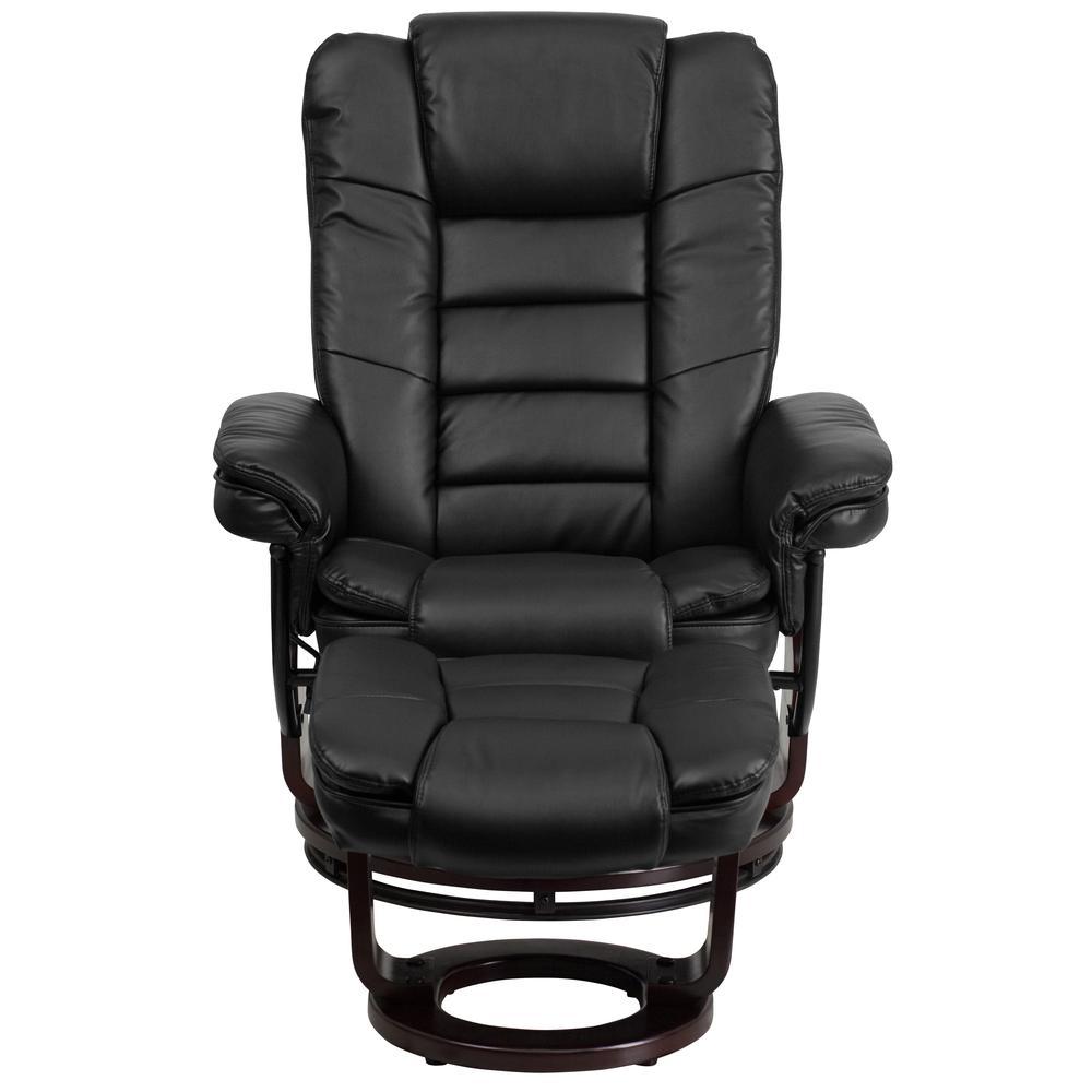 Contemporary Multi-Position Recliner with Horizontal Stitching and Ottoman with Swivel Mahogany Wood Base in Black LeatherSoft