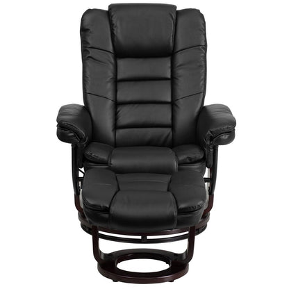 Contemporary Multi-Position Recliner with Horizontal Stitching and Ottoman with Swivel Mahogany Wood Base in Black LeatherSoft