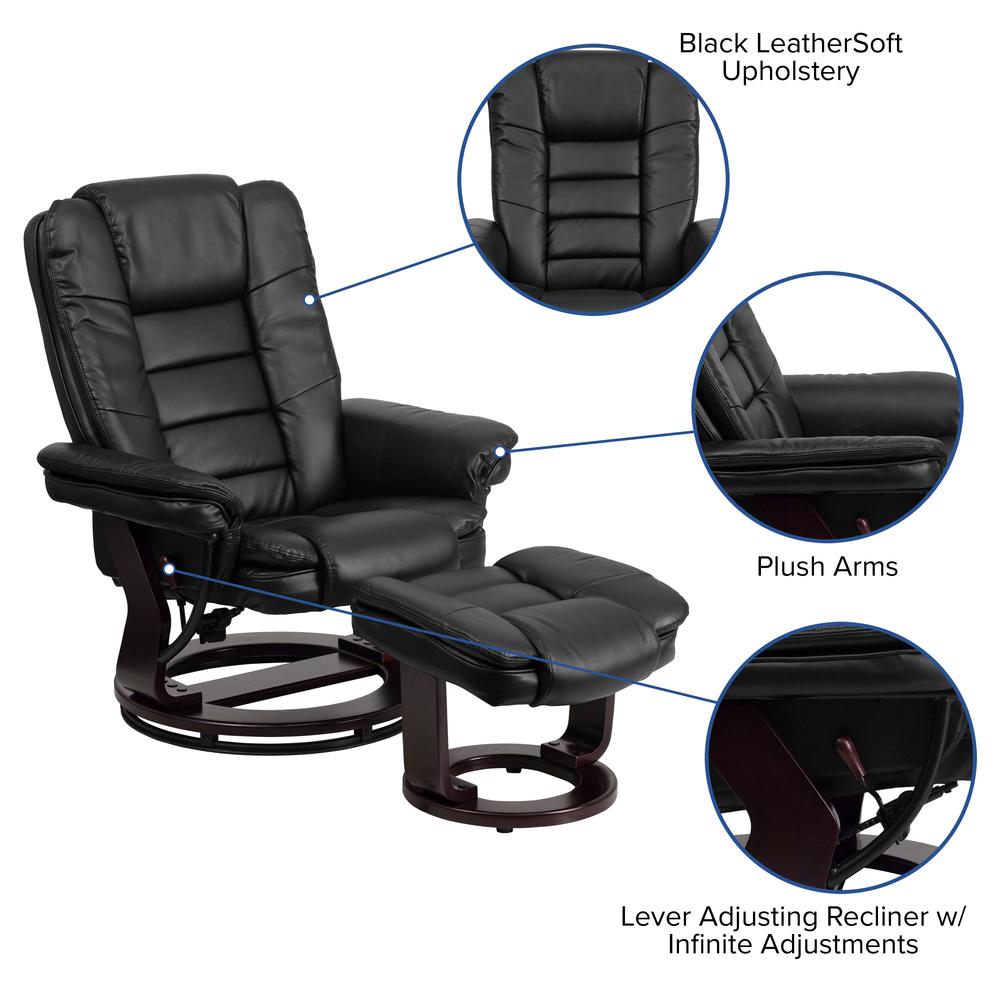 Contemporary Multi-Position Recliner with Horizontal Stitching and Ottoman with Swivel Mahogany Wood Base in Black LeatherSoft