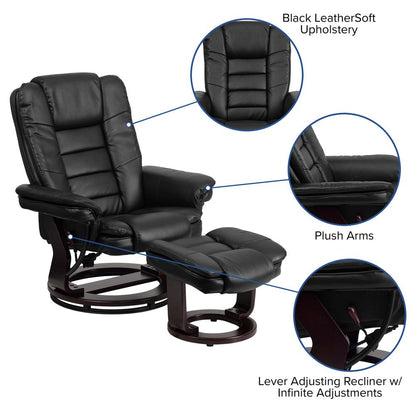 Contemporary Multi-Position Recliner with Horizontal Stitching and Ottoman with Swivel Mahogany Wood Base in Black LeatherSoft