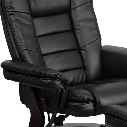 Contemporary Multi-Position Recliner with Horizontal Stitching and Ottoman with Swivel Mahogany Wood Base in Black LeatherSoft