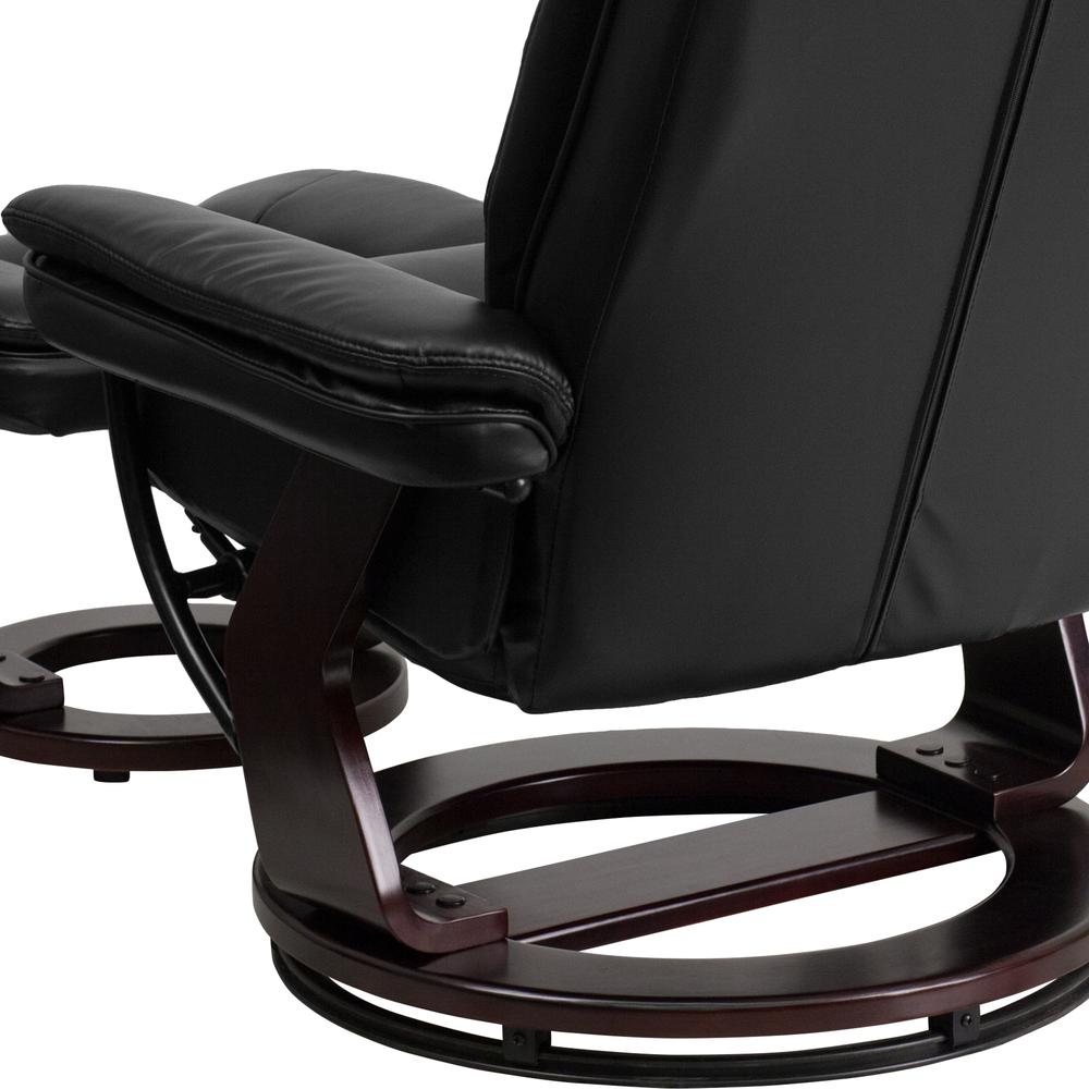 Contemporary Multi-Position Recliner with Horizontal Stitching and Ottoman with Swivel Mahogany Wood Base in Black LeatherSoft