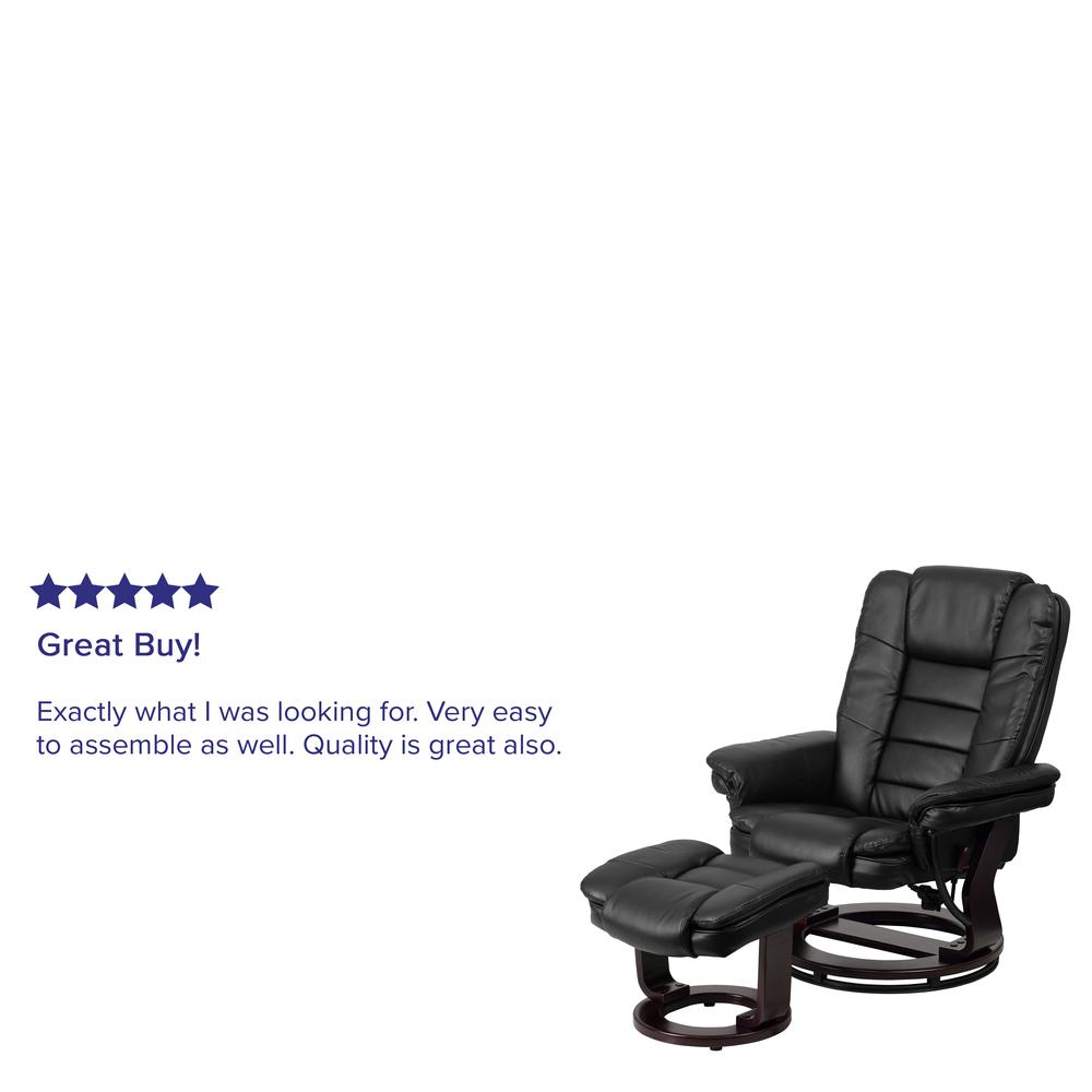 Contemporary Multi-Position Recliner with Horizontal Stitching and Ottoman with Swivel Mahogany Wood Base in Black LeatherSoft