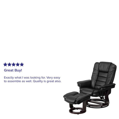 Contemporary Multi-Position Recliner with Horizontal Stitching and Ottoman with Swivel Mahogany Wood Base in Black LeatherSoft