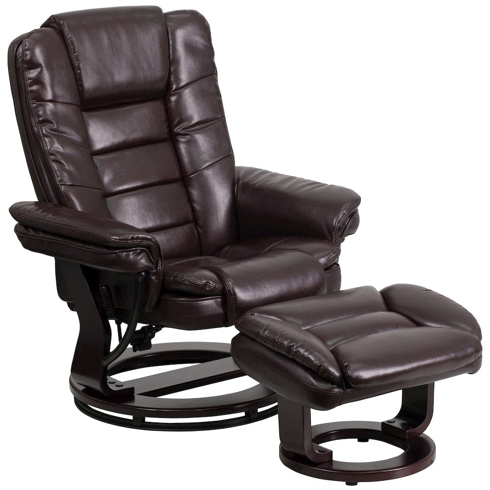 Recliner with Horizontal Stitching and Ottoman with Swivel Mahogany Wood Base