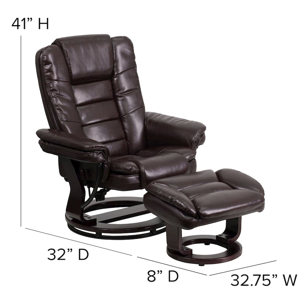 Contemporary Multi-Position Recliner with Horizontal Stitching and Ottoman with Swivel Mahogany Wood Base in Brown LeatherSoft