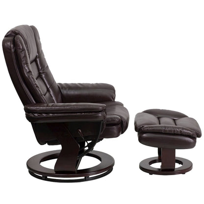 Recliner with Horizontal Stitching and Ottoman with Swivel Mahogany Wood Base