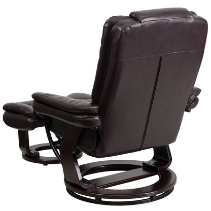 Recliner with Horizontal Stitching and Ottoman with Swivel Mahogany Wood Base