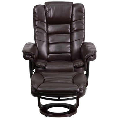 Recliner with Horizontal Stitching and Ottoman with Swivel Mahogany Wood Base