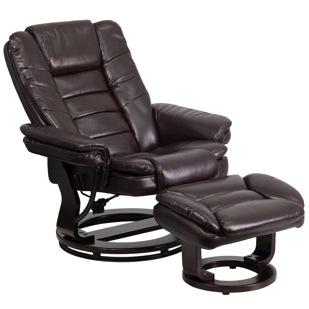 Recliner with Horizontal Stitching and Ottoman with Swivel Mahogany Wood Base