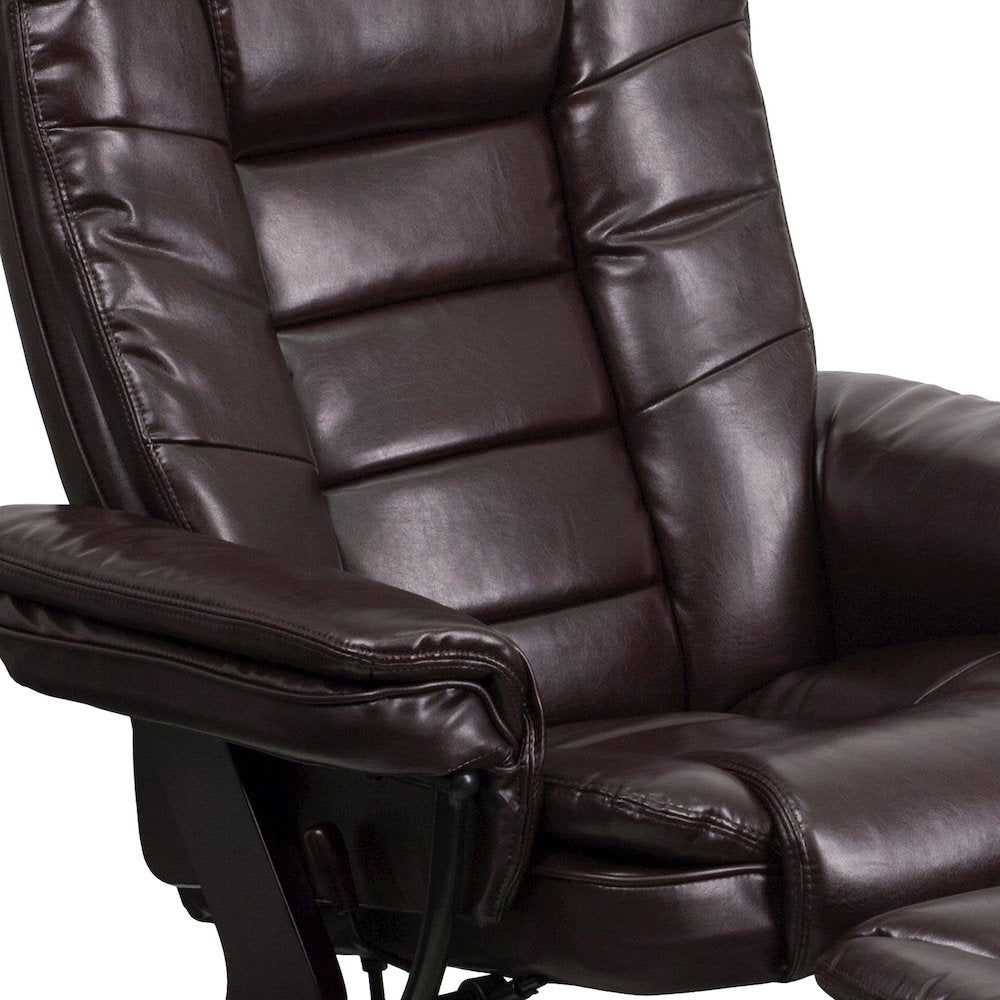 Recliner with Horizontal Stitching and Ottoman with Swivel Mahogany Wood Base