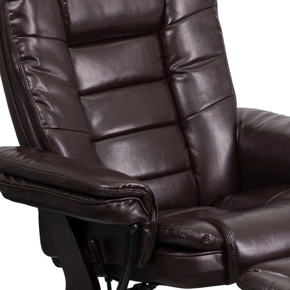 Recliner with Horizontal Stitching and Ottoman with Swivel Mahogany Wood Base