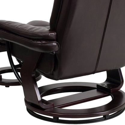 Contemporary Multi-Position Recliner with Horizontal Stitching and Ottoman with Swivel Mahogany Wood Base in Brown LeatherSoft