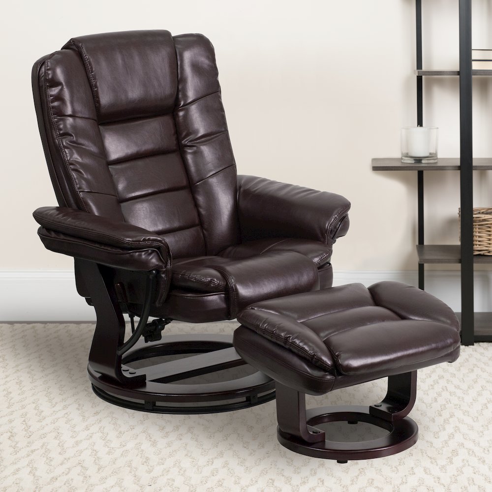 Recliner with Horizontal Stitching and Ottoman with Swivel Mahogany Wood Base