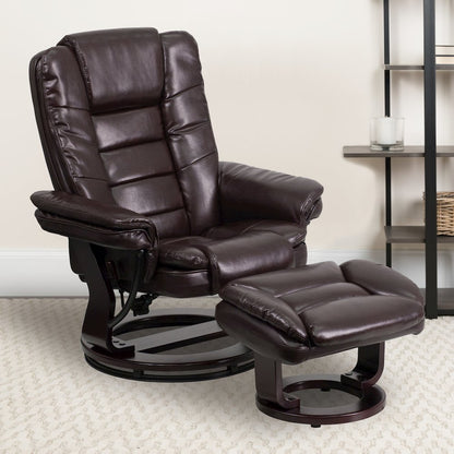 Recliner with Horizontal Stitching and Ottoman with Swivel Mahogany Wood Base