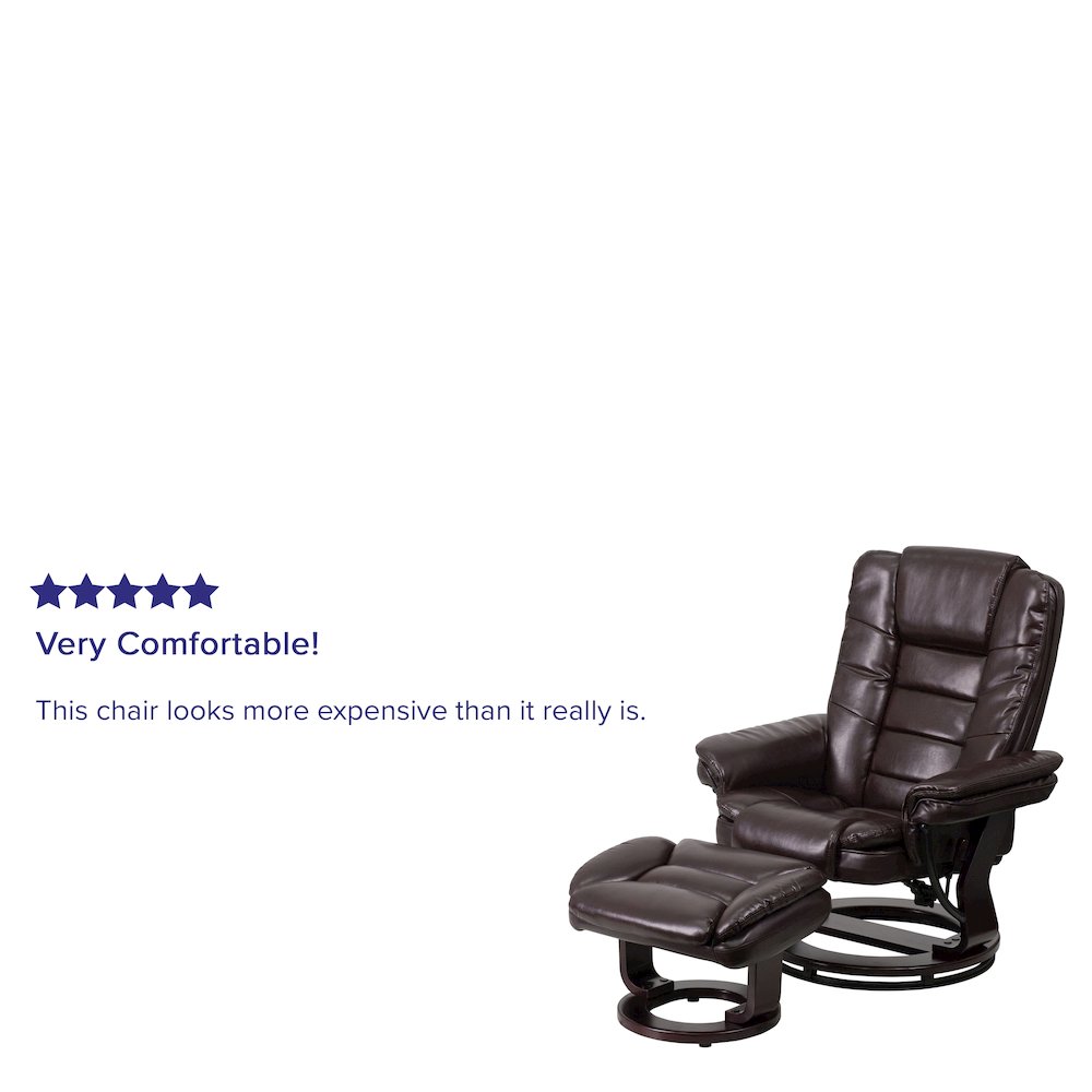 Recliner with Horizontal Stitching and Ottoman with Swivel Mahogany Wood Base