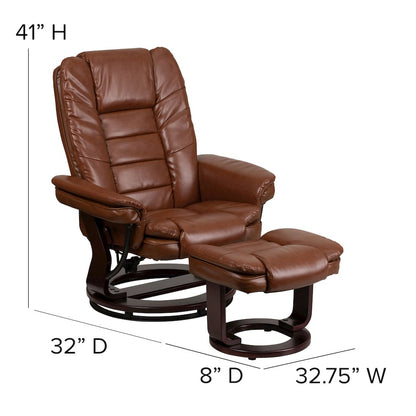 Recliner with Horizontal Stitching and Ottoman with Swivel Mahogany Wood Base