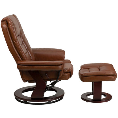 Recliner with Horizontal Stitching and Ottoman with Swivel Mahogany Wood Base