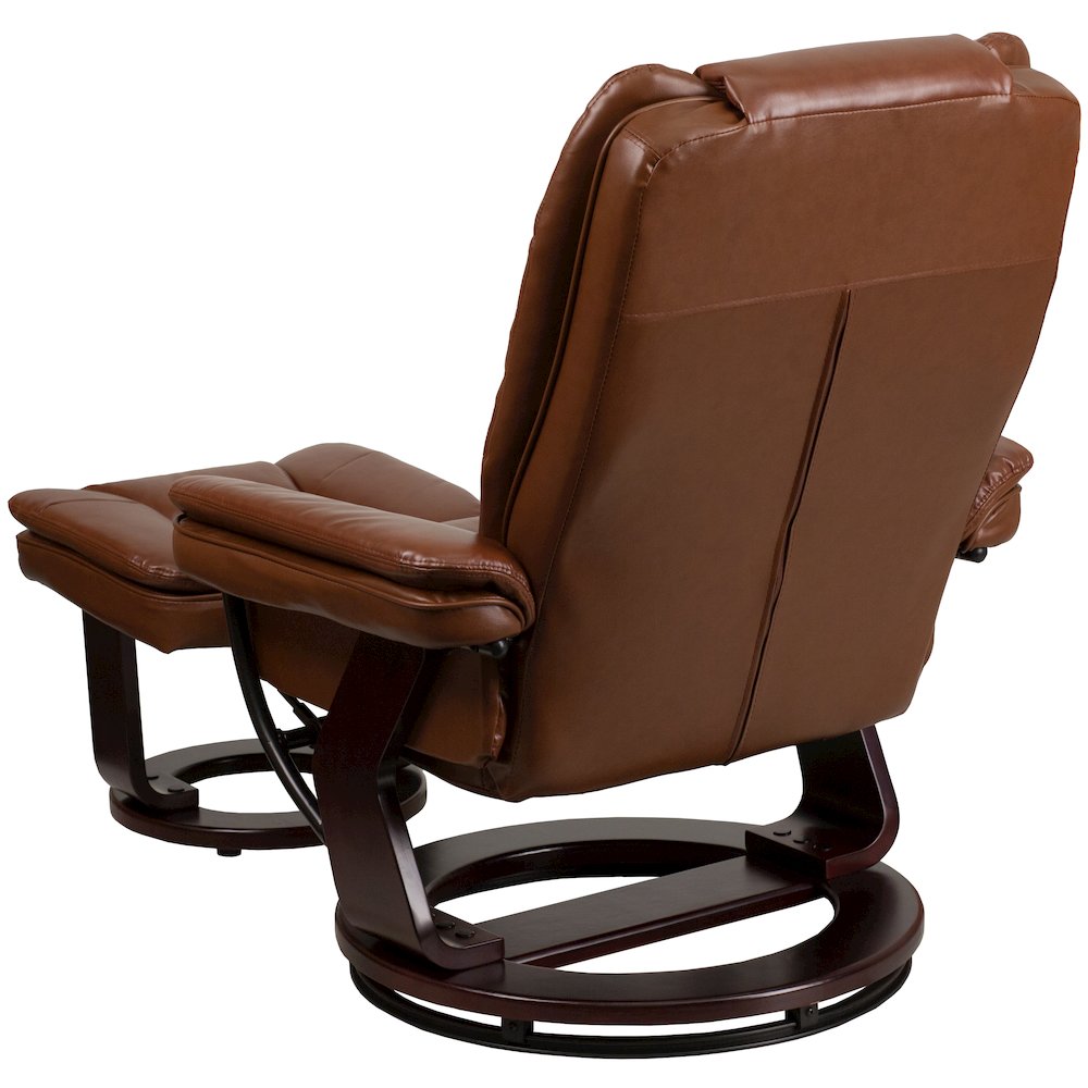 Recliner with Horizontal Stitching and Ottoman with Swivel Mahogany Wood Base