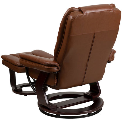 Recliner with Horizontal Stitching and Ottoman with Swivel Mahogany Wood Base