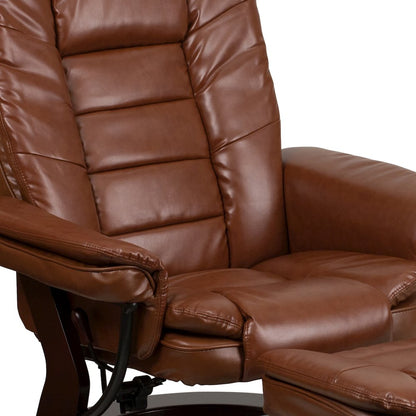 Recliner with Horizontal Stitching and Ottoman with Swivel Mahogany Wood Base