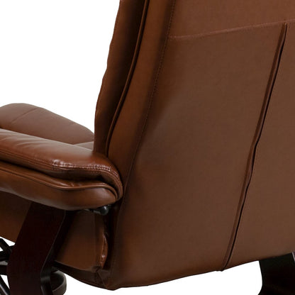 Recliner with Horizontal Stitching and Ottoman with Swivel Mahogany Wood Base