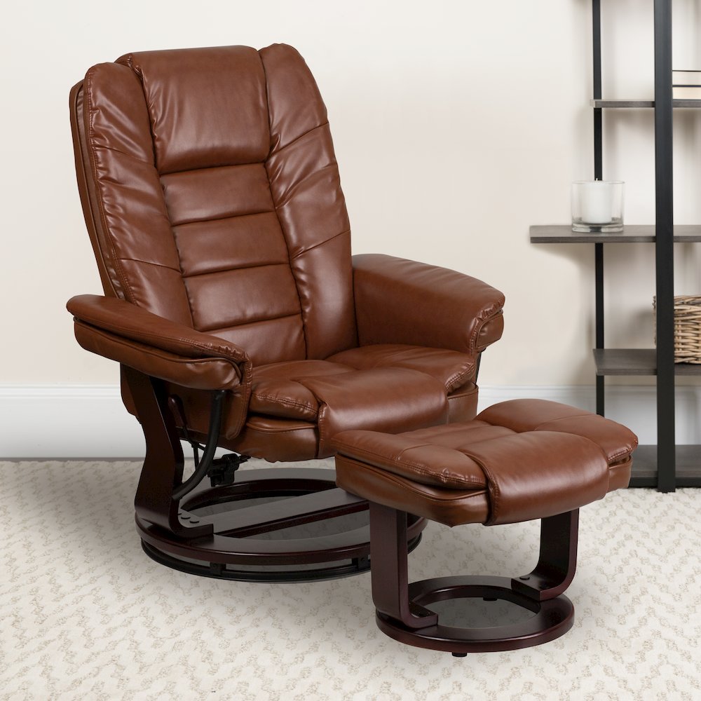 Recliner with Horizontal Stitching and Ottoman with Swivel Mahogany Wood Base
