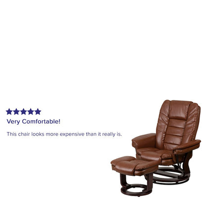 Recliner with Horizontal Stitching and Ottoman with Swivel Mahogany Wood Base