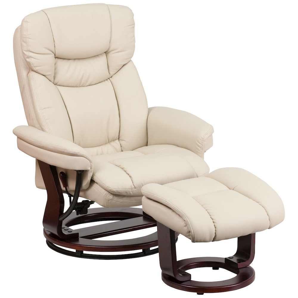 Contemporary Multi-Position Recliner and Curved Ottoman with Swivel Mahogany Wood Base in Beige Leather